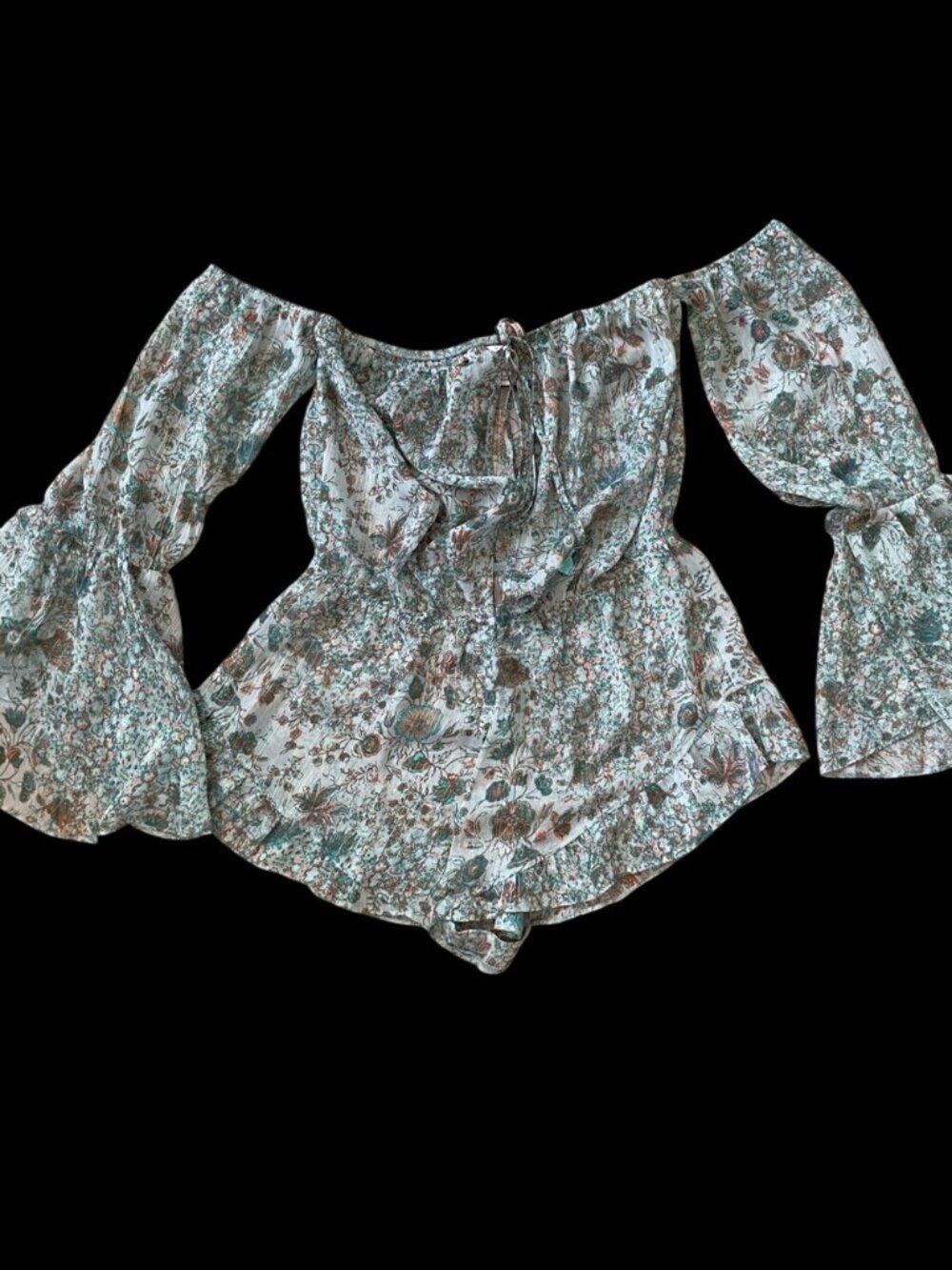 Victoria’s Secret Boho Floral Cover Up Romper Off Shoulder Bell Sleeve Tie Small